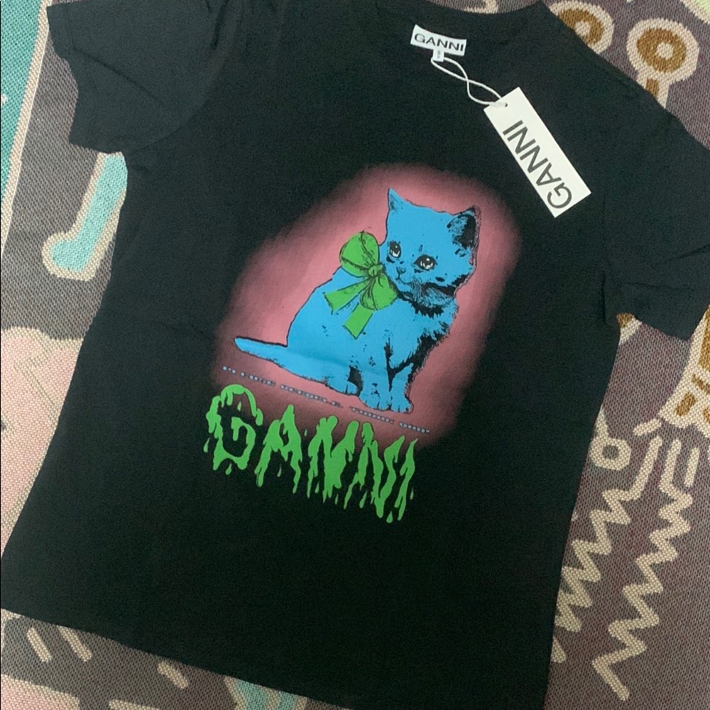 Ganni Black Tee with Blue Kitten and Neon Green Bow